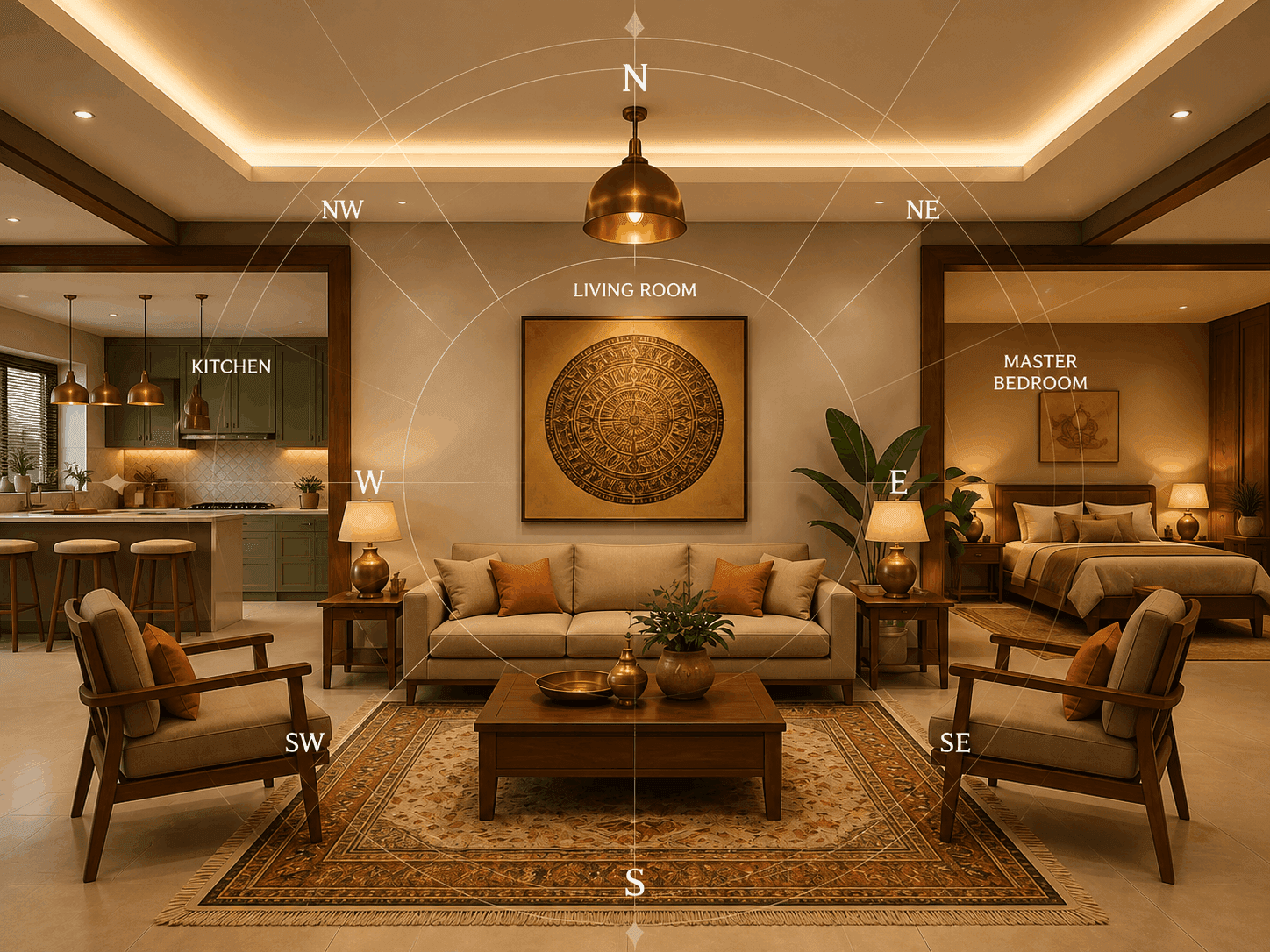 3D walkthrough still of a vastu-aligned interior